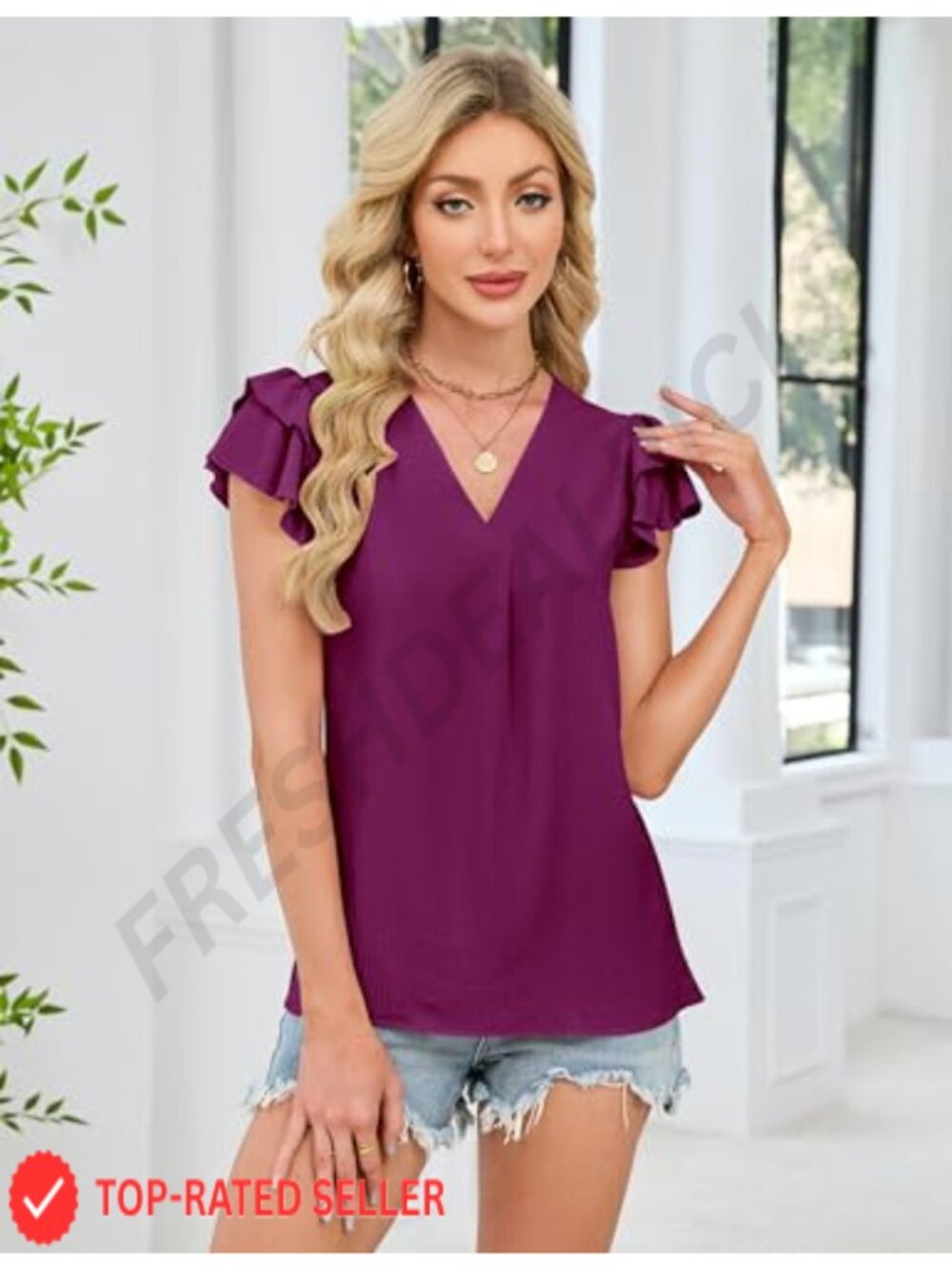 Dressy Casual Short Sleeve V Neck Blouse Business Work Summer Top - Picture 4 of 6